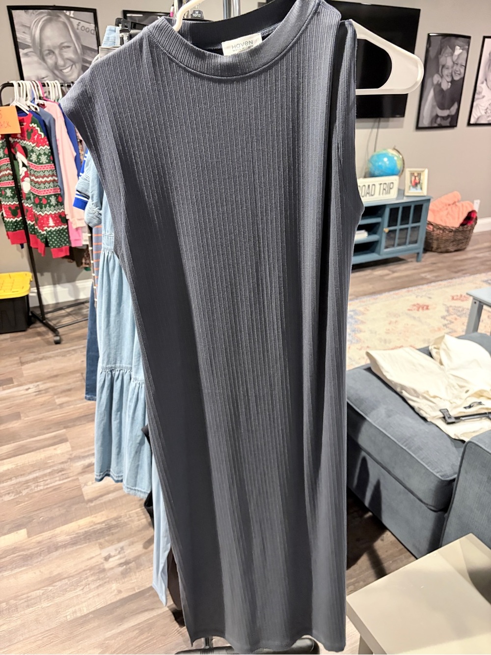 HOVEN Sleeveless Ribbed Maxi Dress in Charcoal